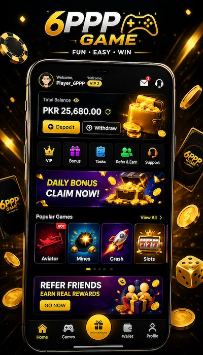 6PPP Game APK dashboard showing mobile gaming interface and available game options