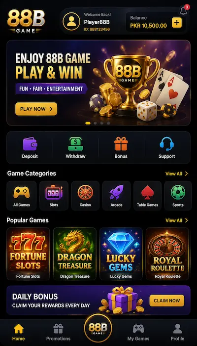 88B Game dashboard interface for mobile gaming