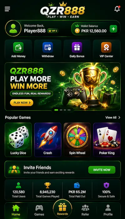 QZR888 Game Dashboard – Gaming App Interface