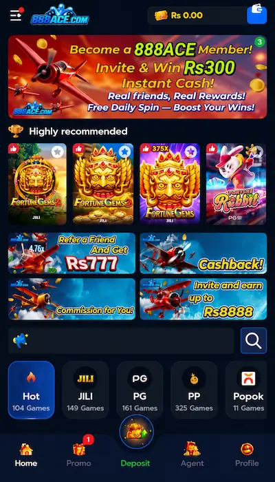 888ACE Game dashboard – Android app interface