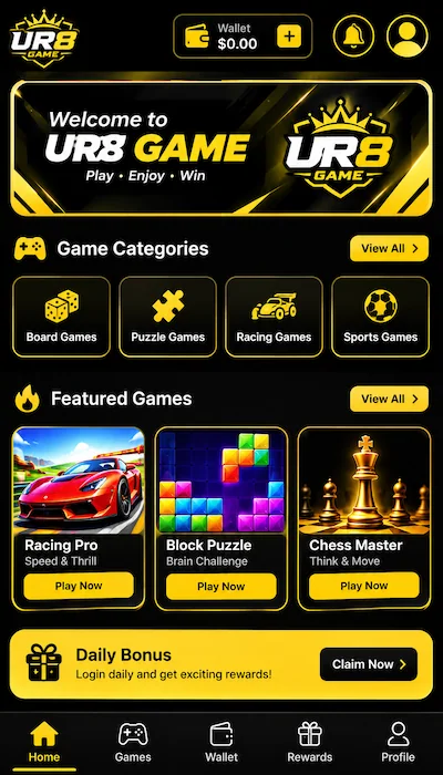 UR8 Game dashboard interface showing the home screen, game categories, wallet, rewards, and user-friendly Android gaming app layout.